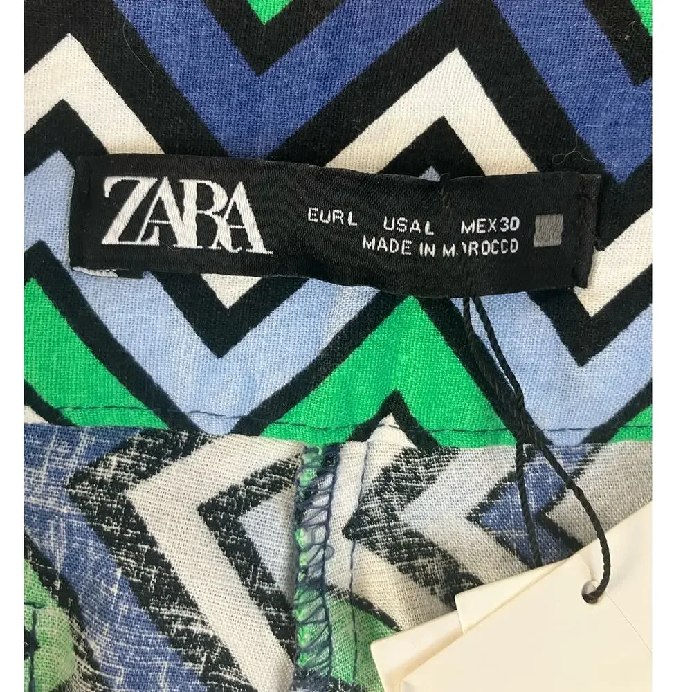 New Zara Chevron Blue Black White Green Linen Blend Pants Large